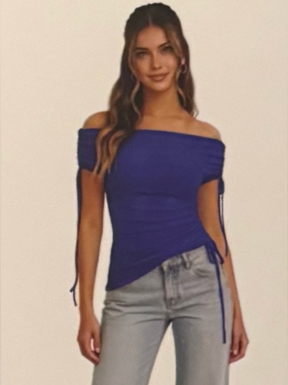 NWT Off-Shoulder Ruched Side Tie Top in Cobalt Blue